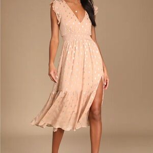 NWT Lulus Cause to Celebrate Mauve and Silver Ruffled Tiered Midi Dress